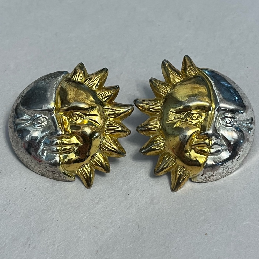 Vintage Celestial Sun Moon Silver Gold Tone Post Earrings Statement Whimsigoth